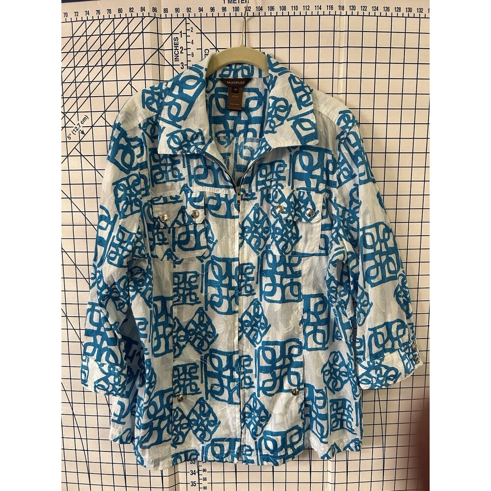 Multiples 1X Teal Blue White 3/4 Sleeve Full Zip Lightweight Jacket Pockets